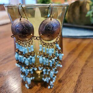 Gorgeous Brass Coin and Turquois Beaded Earrings